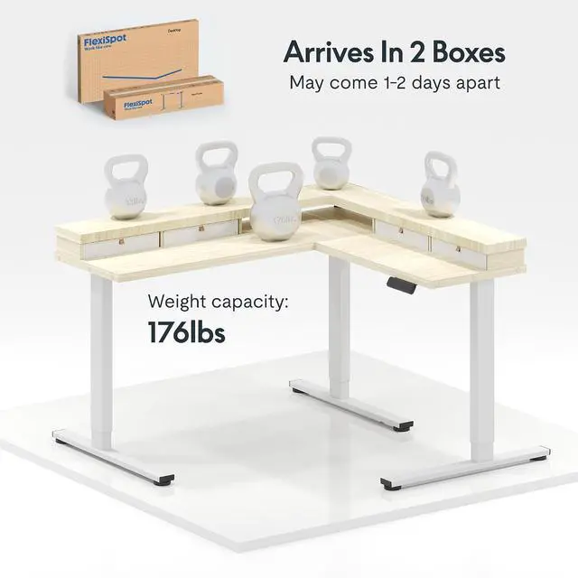 Alt view image 6 of 7 - 63" L Shaped Standing Desk with Shelf Electric Corner Table, Drawers, Adjustable Computer Workstation for Home, Office, 63x55in, Light Maple Top + White Frame