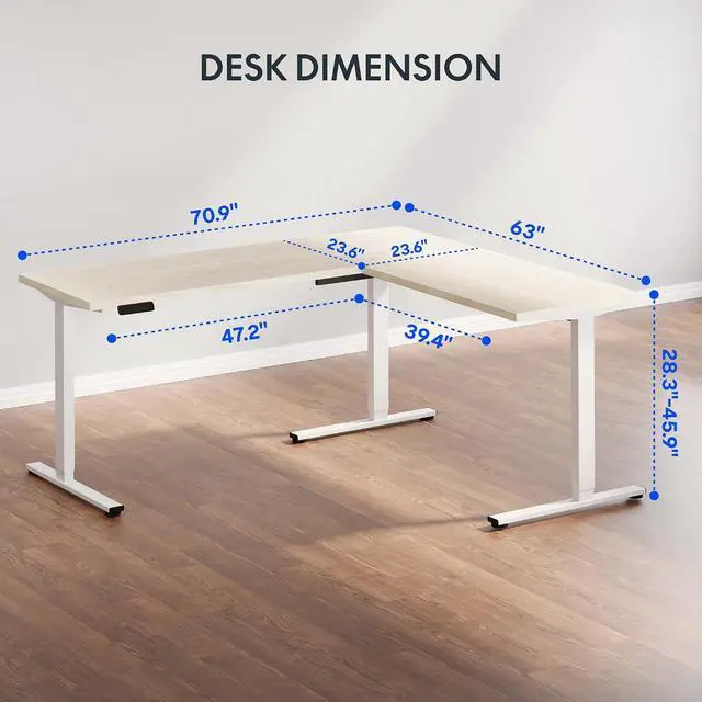 Alt view image 3 of 7 - L Shaped Standing Desk, 71 x 63 Inch Electric Height Adjustable Corner Desk, Sit Stand Computer Workstation, Preset Controller, Home Office, White Frame with Maple Top