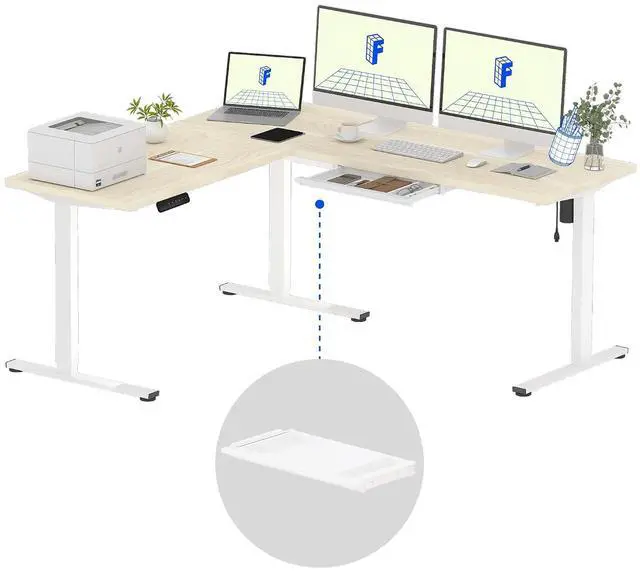Main image of L Shaped Standing Desk, 71 x 63 Inch Electric Height Adjustable Corner Desk, Sit Stand Computer Workstation, Preset Controller, Home Office, White Frame with Maple Top, White Drawer