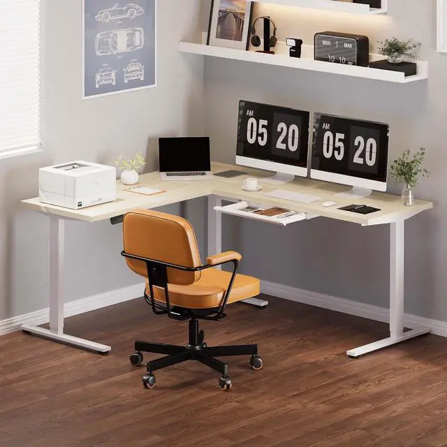 Alt view image 2 of 7 - L Shaped Standing Desk, 71 x 63 Inch Electric Height Adjustable Corner Desk, Sit Stand Computer Workstation, Preset Controller, Home Office, White Frame with Maple Top, White Drawer