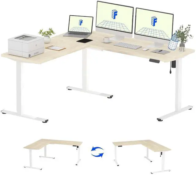 Main image of L Shaped Standing Desk, 71 x 63 Inch Electric Height Adjustable Corner Desk, Sit Stand Computer Workstation, Preset Controller, Home Office, White Frame with Maple Top