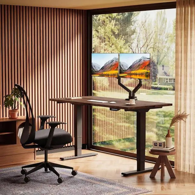 Alt view image 3 of 7 - E6 MAX Real Walnut Veneer 60x30 Inch Dual Motor Standing Desk, 330lbs Weight Capacity w/WarpResistant SolidCore, 3Stage Height Adjustable Sit Stand Desk with Wheels (Black Frame)