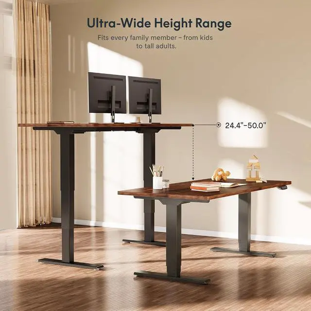 Alt view image 6 of 7 - E6 MAX Real Walnut Veneer 60x30 Inch Dual Motor Standing Desk, 330lbs Weight Capacity w/WarpResistant SolidCore, 3Stage Height Adjustable Sit Stand Desk with Wheels (Black Frame)