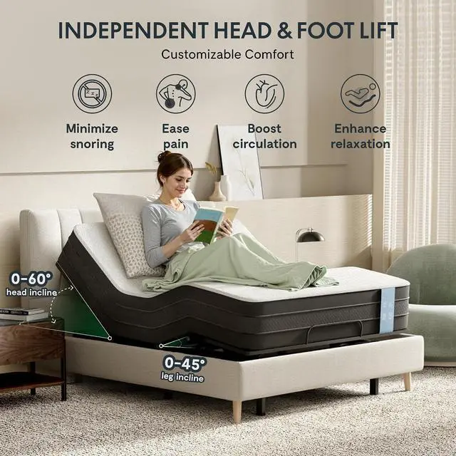Alt view image 3 of 7 - S2E-PRO Adjustable Bed Frame Base Twin XL with 12-Inch Cooling Gel Memory Foam Mattress, Head and Foot Incline, Zero Gravity, One-Touch Flat, 2 Memory Settings, Wireless Remote, Flashlight