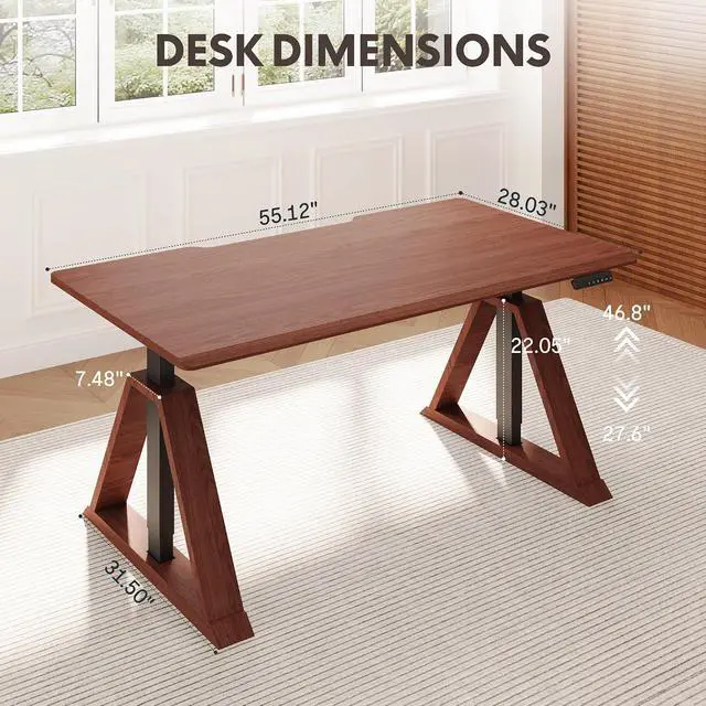 Alt view image 2 of 7 - 55 x 28 Inch Oak Executive Standing Desk, Dual Motor Electric Height Adjustable Desk, Mid-Century Modern Sit-Stand Desk for Home Office and Writing, 222 LBS, Walnut