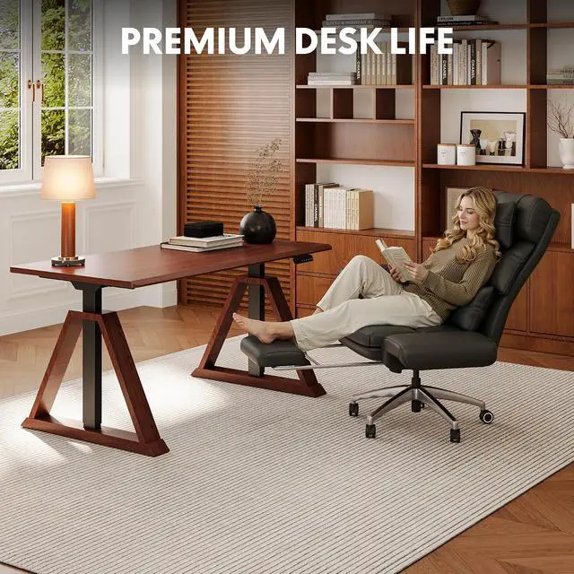 Alt view image 5 of 7 - 55 x 28 Inch Oak Executive Standing Desk, Dual Motor Electric Height Adjustable Desk, Mid-Century Modern Sit-Stand Desk for Home Office and Writing, 222 LBS, Walnut