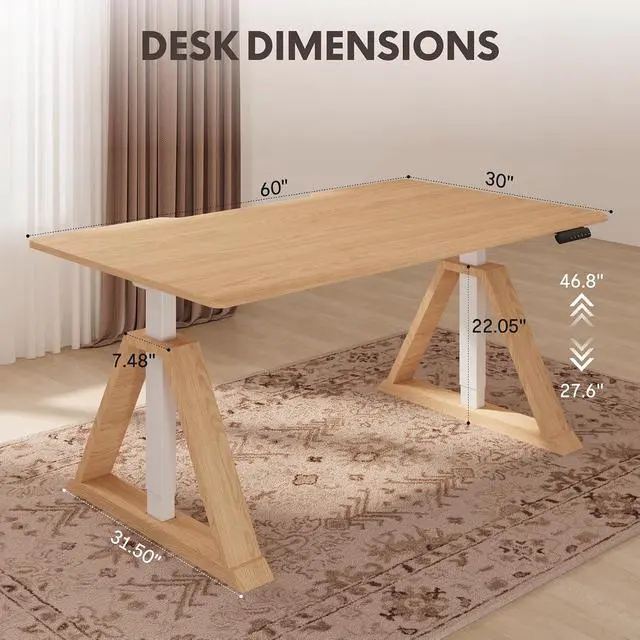 Alt view image 2 of 7 - 60 x 30 Inch Oak Executive Standing Desk, Dual Motor Electric Height Adjustable Desk, Japanese Minimalist Sit-Stand Desk for Home Office and Writing, 222 LBS, Natural