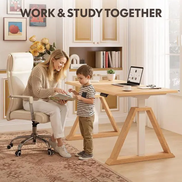 Alt view image 5 of 7 - 60 x 30 Inch Oak Executive Standing Desk, Dual Motor Electric Height Adjustable Desk, Japanese Minimalist Sit-Stand Desk for Home Office and Writing, 222 LBS, Natural