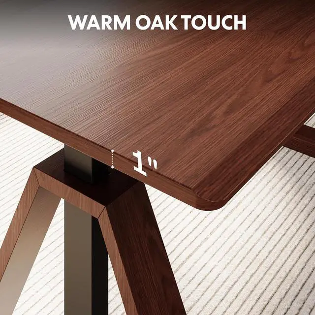 Alt view image 3 of 7 - 55 x 28 Inch Oak Executive Standing Desk, Dual Motor Electric Height Adjustable Desk, Mid-Century Modern Sit-Stand Desk for Home Office and Writing, 222 LBS, Walnut