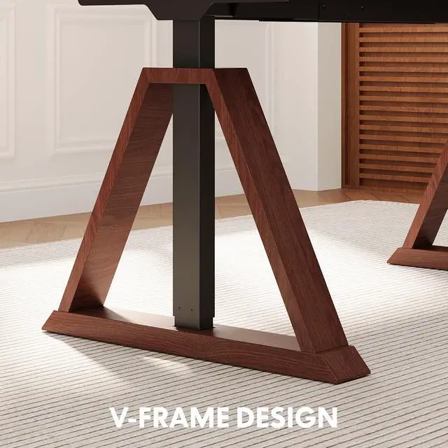 Alt view image 4 of 7 - 55 x 28 Inch Oak Executive Standing Desk, Dual Motor Electric Height Adjustable Desk, Mid-Century Modern Sit-Stand Desk for Home Office and Writing, 222 LBS, Walnut