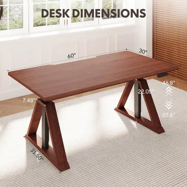 Alt view image 2 of 7 - 60 x 30 Inch Oak Executive Standing Desk, Dual Motor Electric Height Adjustable Desk, Mid-Century Modern Sit-Stand Desk for Home Office and Writing, 222 LBS, Walnut