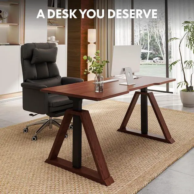 Alt view image 5 of 7 - 60 x 30 Inch Oak Executive Standing Desk, Dual Motor Electric Height Adjustable Desk, Mid-Century Modern Sit-Stand Desk for Home Office and Writing, 222 LBS, Walnut
