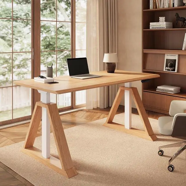 Main image of 60 x 30 Inch Oak Executive Standing Desk, Dual Motor Electric Height Adjustable Desk, Japanese Minimalist Sit-Stand Desk for Home Office and Writing, 222 LBS, Natural