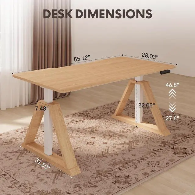 Alt view image 2 of 7 - 55 x 28 Inch Oak Executive Standing Desk, Dual Motor Electric Height Adjustable Desk, Japanese Minimalist Sit-Stand Desk for Home Office and Writing, 222 LBS, Natural