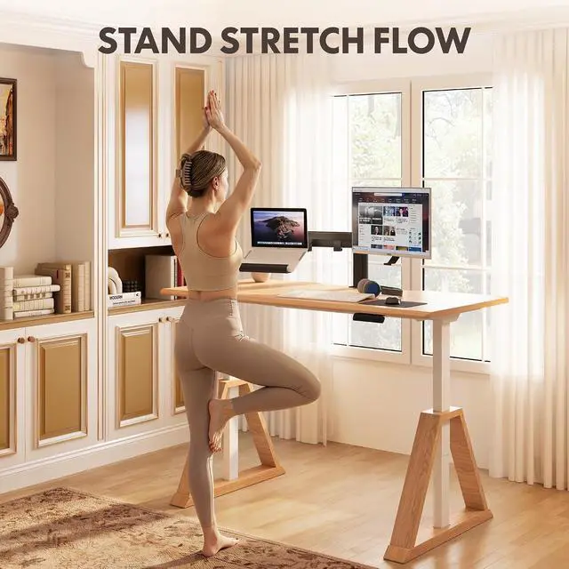 Alt view image 5 of 7 - 55 x 28 Inch Oak Executive Standing Desk, Dual Motor Electric Height Adjustable Desk, Japanese Minimalist Sit-Stand Desk for Home Office and Writing, 222 LBS, Natural