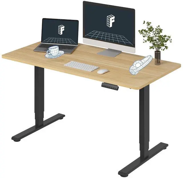 Main image of E6 3-Stage Dual Motor Electric Standing Desk 55 x 28 Sit Stand Up Desk, Holds 220 lbs, Adjustable Height w/Memory Presets, One-Piece Maple Desktop & Black Frame, Ships in 2 Boxes