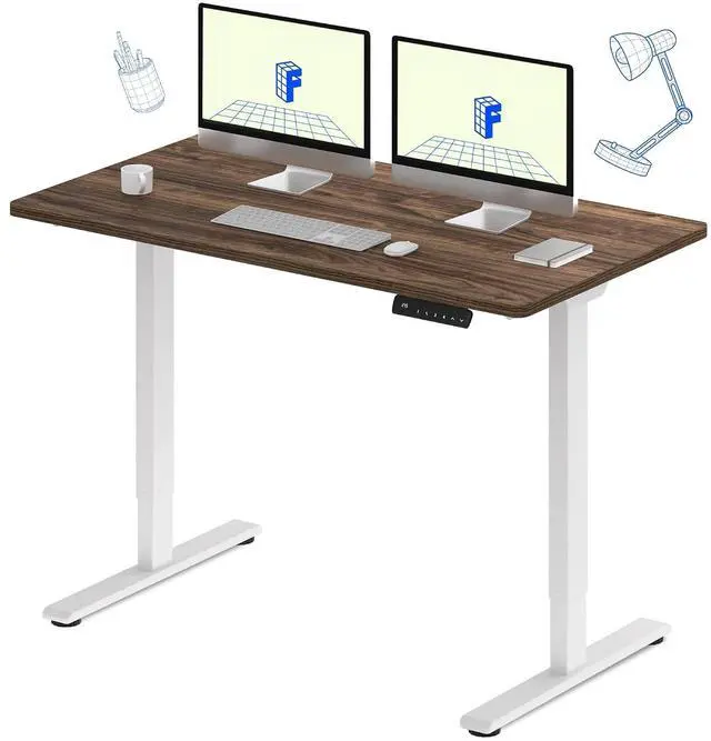 Main image of E3 Dual Motor Electric Standing Desk 55 x 28 Sit Stand Up Desk, Holds 220 lbs, Adjustable Height w/Memory Presets, One-Piece Brown Wood Grain Desktop & White Frame, Ships in 2 Boxes