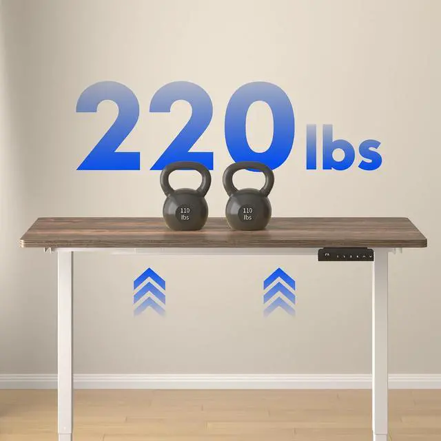 Alt view image 4 of 4 - E3 Dual Motor Electric Standing Desk 55 x 28 Sit Stand Up Desk, Holds 220 lbs, Adjustable Height w/Memory Presets, One-Piece Brown Wood Grain Desktop & White Frame, Ships in 2 Boxes