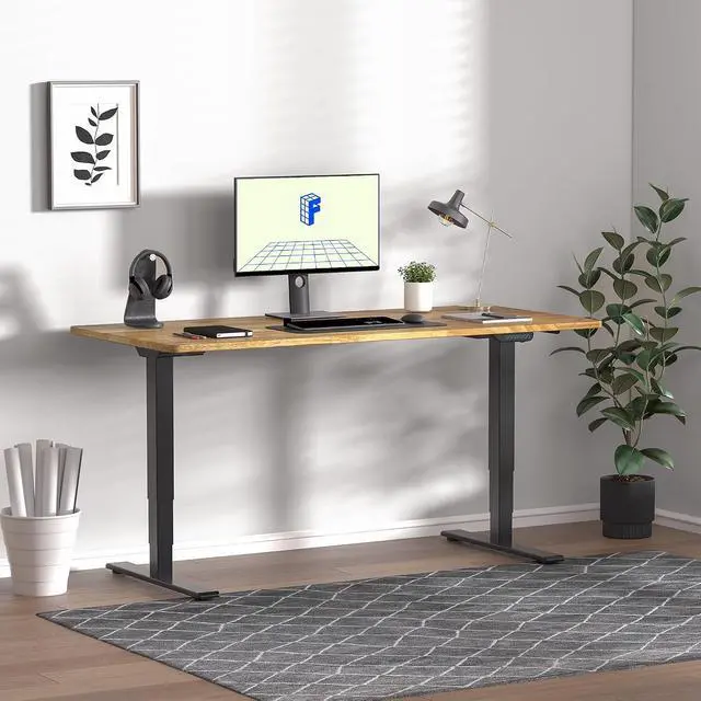 Alt view image 2 of 7 - E6 MAX Solid Wood Dual Motor 55x24 Inch 3-Stage Heavy Duty Standing Desk, 330lbs Weight Capacity, Height Adjustable Desk w/Cable Management & Wheels(Butcher Block Rubberwood + Black Frame)