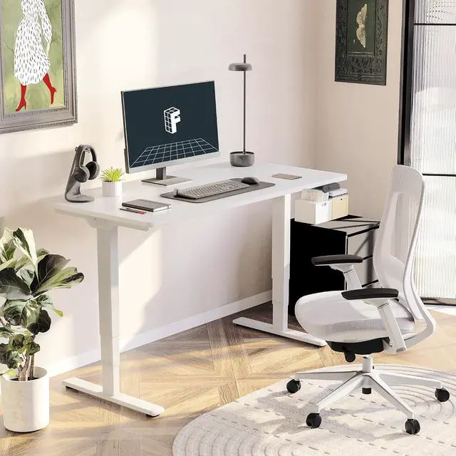 Alt view image 2 of 7 - E6 3-Stage Dual Motor Electric Standing Desk 55 x 28 Sit Stand Up Desk, Holds 220 lbs, Adjustable Height w/Memory Presets, One-Piece White Desktop & White Frame, Ships in 2 Boxes