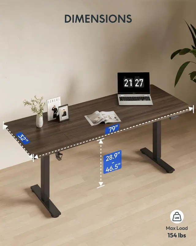 Alt view image 5 of 7 - 79x32 Inch Electric Large Standing Desk for Home & Office, Spacious Splice Board Desk with Cable Management & Organizer, Cup Holder & Hook, Black Walnut