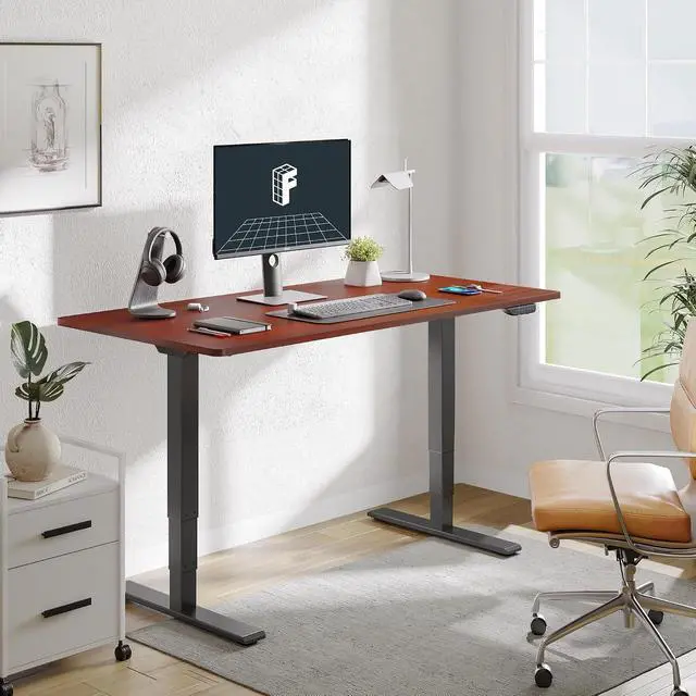 Alt view image 2 of 7 - E6 MAX Dual Motor 55x28 Inch 3-Stage Heavy Duty Standing Desk, 330lbs Weight Capacity, Height Adjustable Desk w/Cable Management & Wheels (Seamless Mahogany Desktop + Black Frame)