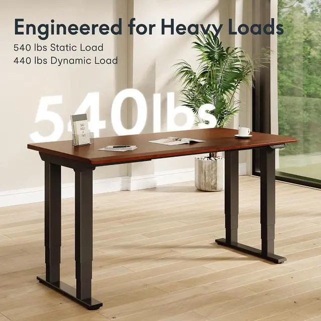 Alt view image 3 of 7 - E6Q 4-Leg Dual Motor Standing Desk, 55"x28" Solid Rubberwood Electric Height Adjustable Desk, Rock-Solid Stability, Heavy-Duty 540lb Capacity for Professional Workstations, Walnut