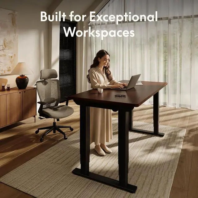 Alt view image 4 of 7 - E6Q 4-Leg Dual Motor Standing Desk, 55"x28" Solid Rubberwood Electric Height Adjustable Desk, Rock-Solid Stability, Heavy-Duty 540lb Capacity for Professional Workstations, Walnut