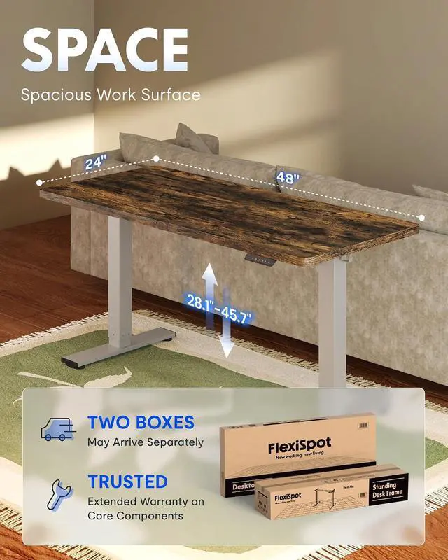 Alt view image 5 of 7 - EN1 One-Piece Standing Desk 48 x 24 Inches Height Adjustable Electric Desk (Silver Frame + Rustic Top, 2 Packages)