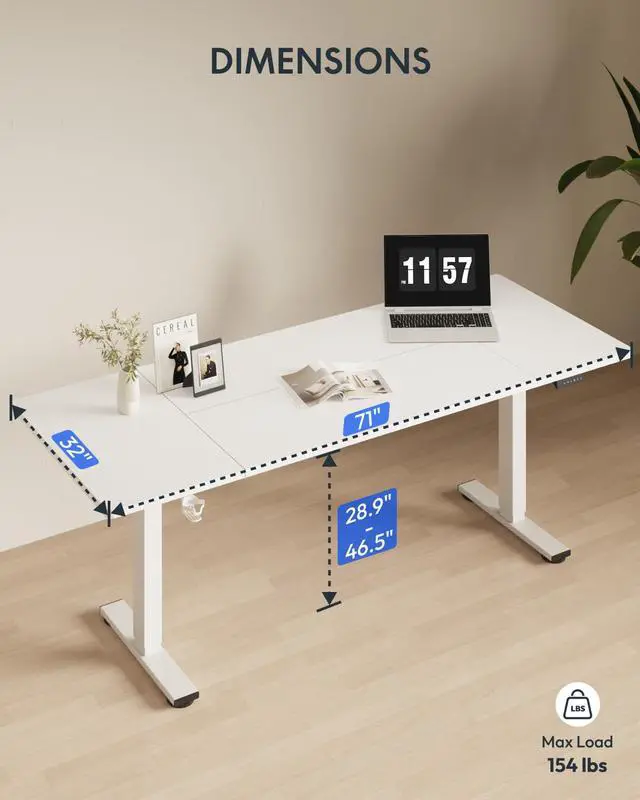 Alt view image 5 of 7 - 71x32 Inch Electric Large Standing Desk for Home & Office, Spacious Splice Board Desk with Cable Management & Organizer, Cup Holder & Hook, White