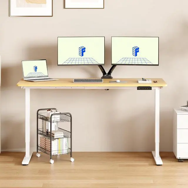 Alt view image 5 of 6 - E3 Dual Motor 60 x 24 Electric Standing Desk Sit Stand Up Desk, Holds 220 lbs, Adjustable Height w/Memory Presets, One-Piece Maple Desktop & White Frame, Ships in 2 Boxes
