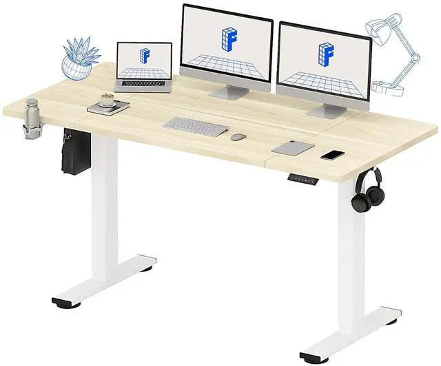Main image of 63x32 Inch Electric Large Standing Desk for Home & Office, Spacious Splice Board Desk with Cable Management & Organizer, Cup Holder & Hook, White Wood Grain