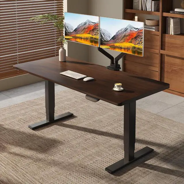 Main image of E6 MAX 1" Thick Beveled-Edge Solid Wood Standing Desk, 63"x30" Dual Motor 3-Stage Heavy Duty Workstation, 330lbs Weight Capacity Height Adjustable Desk(Black Walnut Rubberwood + Black Frame)