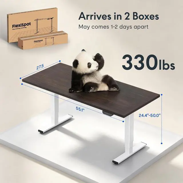 Alt view image 2 of 7 - E6 MAX Bamboo 55x28 Inch Dual Motor 3-Stage Heavy Duty Standing Desk, 330lbs Weight Capacity, Height Adjustable Desk w/Cable Management & Wheels (Solid Walnut Bamboo Desktop + White Frame)