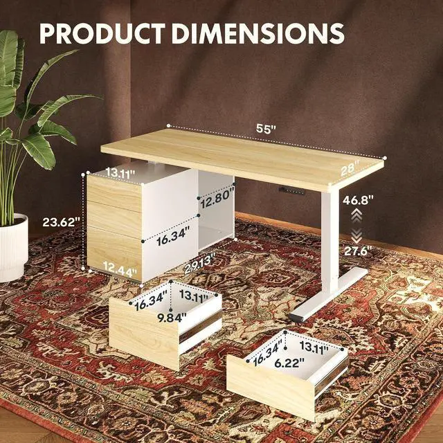 Alt view image 2 of 7 - 55" Executive Standing Desk with Drawers & CPU Holder, Dual Motor Height Adjustable Desk, 222 LBS Capacity, 1" Thick Desktop, Home Office Workstation, White Wood Grain, 3 Packages