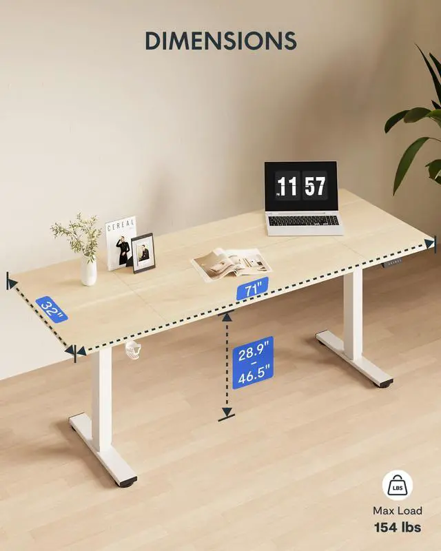 Alt view image 5 of 7 - 71x32 Inch Electric Large Standing Desk for Home & Office, Spacious Splice Board Desk with Cable Management & Organizer, Cup Holder & Hook, White Wood Grain