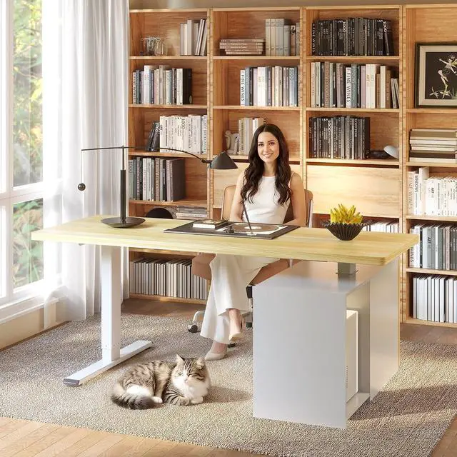 Alt view image 5 of 7 - 55" Executive Standing Desk with Drawers & CPU Holder, Dual Motor Height Adjustable Desk, 222 LBS Capacity, 1" Thick Desktop, Home Office Workstation, White Wood Grain, 3 Packages
