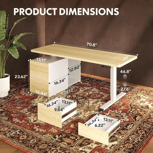 Alt view image 2 of 7 - 71" Executive Standing Desk with Drawers & CPU Holder, Dual Motor Height Adjustable Desk, 222 LBS Capacity, 1" Thick Desktop, Home Office Workstation, White Wood Grain, 3 Packages