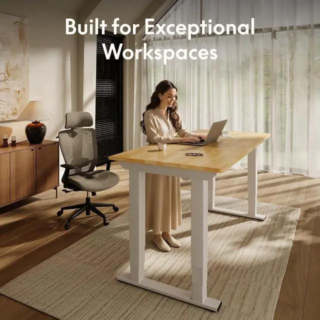 Alt view image 4 of 7 - E6Q 4-Leg Dual Motor Standing Desk, 55"x28" Solid Rubberwood Electric Height Adjustable Desk, Rock-Solid Stability, Heavy-Duty 540lb Capacity for Professional Workstations, Maple
