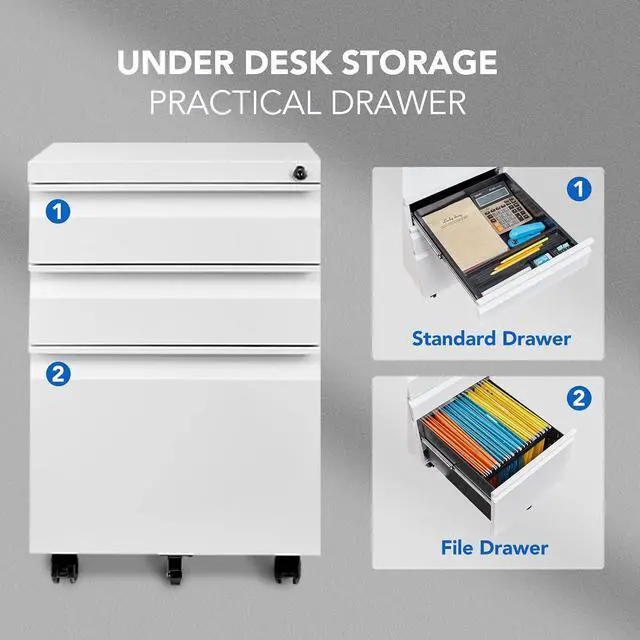Alt view image 5 of 7 - Mobile File Cabinet for Home Office Under Desk Storage with Lock Keys 3 Drawer File Cabinet for Legal/Letter/A4 File, White
