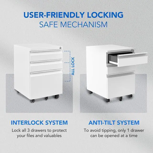 Alt view image 4 of 7 - Mobile File Cabinet for Home Office Under Desk Storage with Lock Keys 3 Drawer File Cabinet for Legal/Letter/A4 File, White