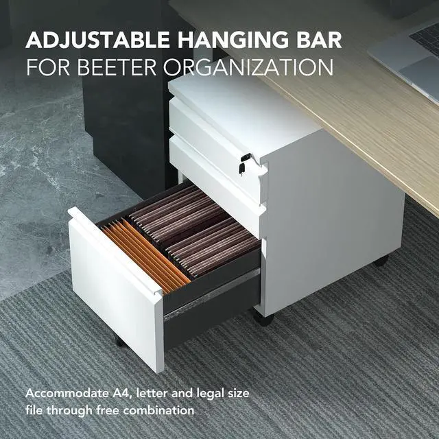 Alt view image 3 of 7 - Mobile File Cabinet for Home Office Under Desk Storage with Lock Keys 3 Drawer File Cabinet for Legal/Letter/A4 File, White