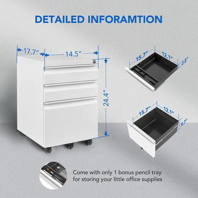 Alt view image 2 of 7 - Mobile File Cabinet for Home Office Under Desk Storage with Lock Keys 3 Drawer File Cabinet for Legal/Letter/A4 File, White