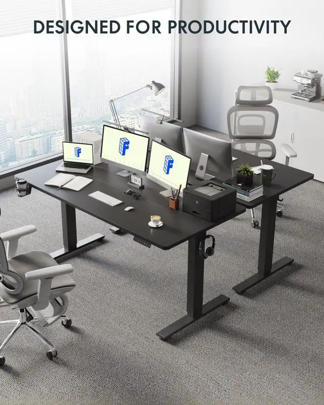 Alt view image 4 of 7 - 63" x 32" Office Standing Desk, Height Adjustable Sit-Stand Desk, Quiet & Stable, with Cable Management & Cup Holder, for Commercial Use, Black Top (2 Packages)