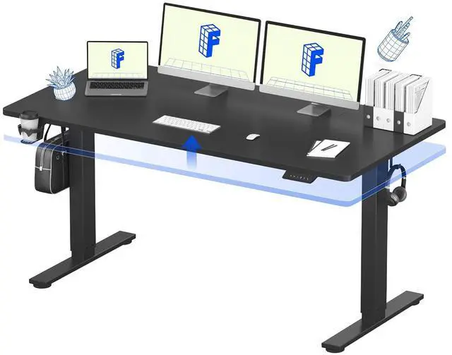 Main image of 63" x 32" Office Standing Desk, Height Adjustable Sit-Stand Desk, Quiet & Stable, with Cable Management & Cup Holder, for Commercial Use, Black Top (2 Packages)