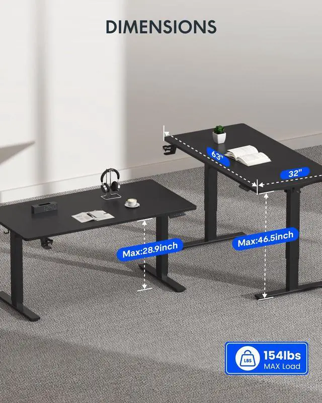 Alt view image 6 of 7 - 63" x 32" Office Standing Desk, Height Adjustable Sit-Stand Desk, Quiet & Stable, with Cable Management & Cup Holder, for Commercial Use, Black Top (2 Packages)