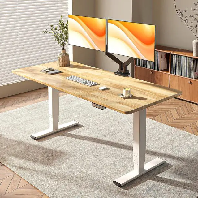 Main image of E6 MAX Solid Wood 63x24 Inch Dual Motor 3-Stage Heavy Duty Standing Desk, 330lbs Weight Capacity, Height Adjustable Desk w/Cable Management & Wheels(Butcher Block Rubberwood + White Frame)