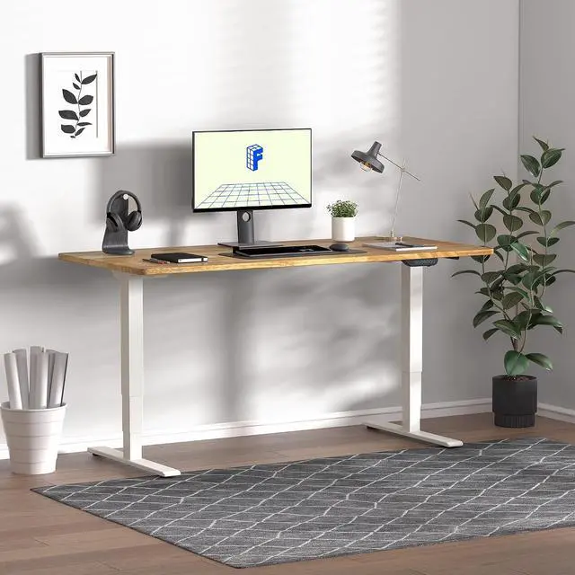 Alt view image 2 of 7 - E6 MAX Solid Wood 63x24 Inch Dual Motor 3-Stage Heavy Duty Standing Desk, 330lbs Weight Capacity, Height Adjustable Desk w/Cable Management & Wheels(Butcher Block Rubberwood + White Frame)