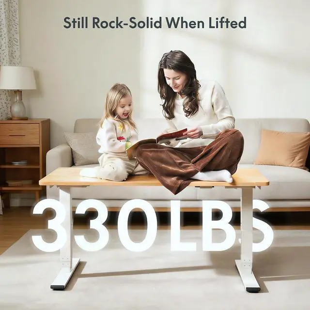 Alt view image 5 of 7 - E6 MAX Solid Wood 63x24 Inch Dual Motor 3-Stage Heavy Duty Standing Desk, 330lbs Weight Capacity, Height Adjustable Desk w/Cable Management & Wheels(Butcher Block Rubberwood + White Frame)