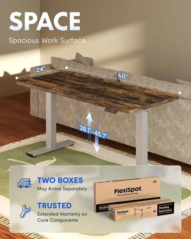 Alt view image 6 of 7 - EN1 One-Piece Standing Desk 48 x 30 Inches Height Adjustable Electric Desk (Silver Frame + Rustic Top, 2 Packages)